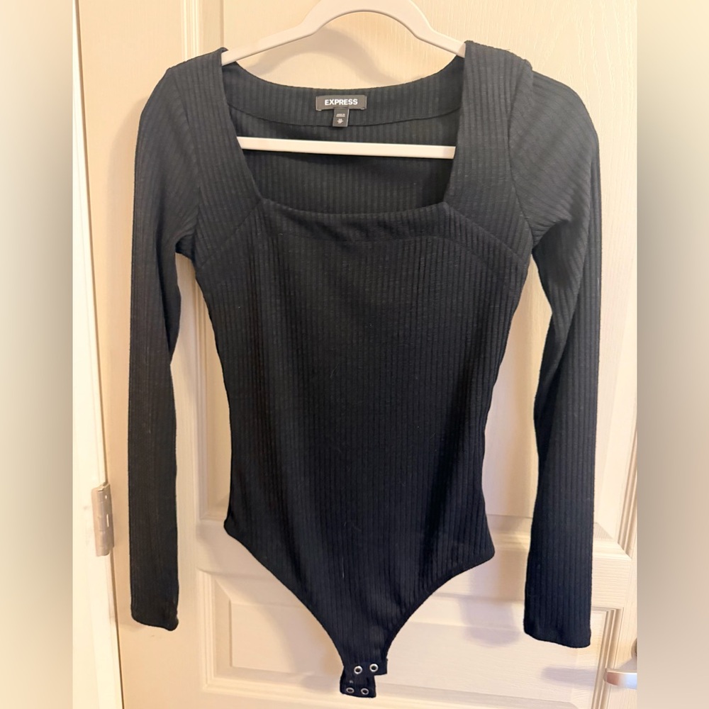 Express Black Long Sleeve Ribbed Bodysuit